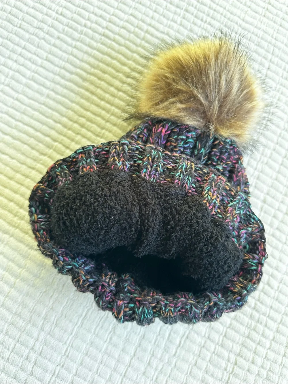 CC Fleece-Lined Warm Cozy Black Multicolor Cable Knit Pom Beanie